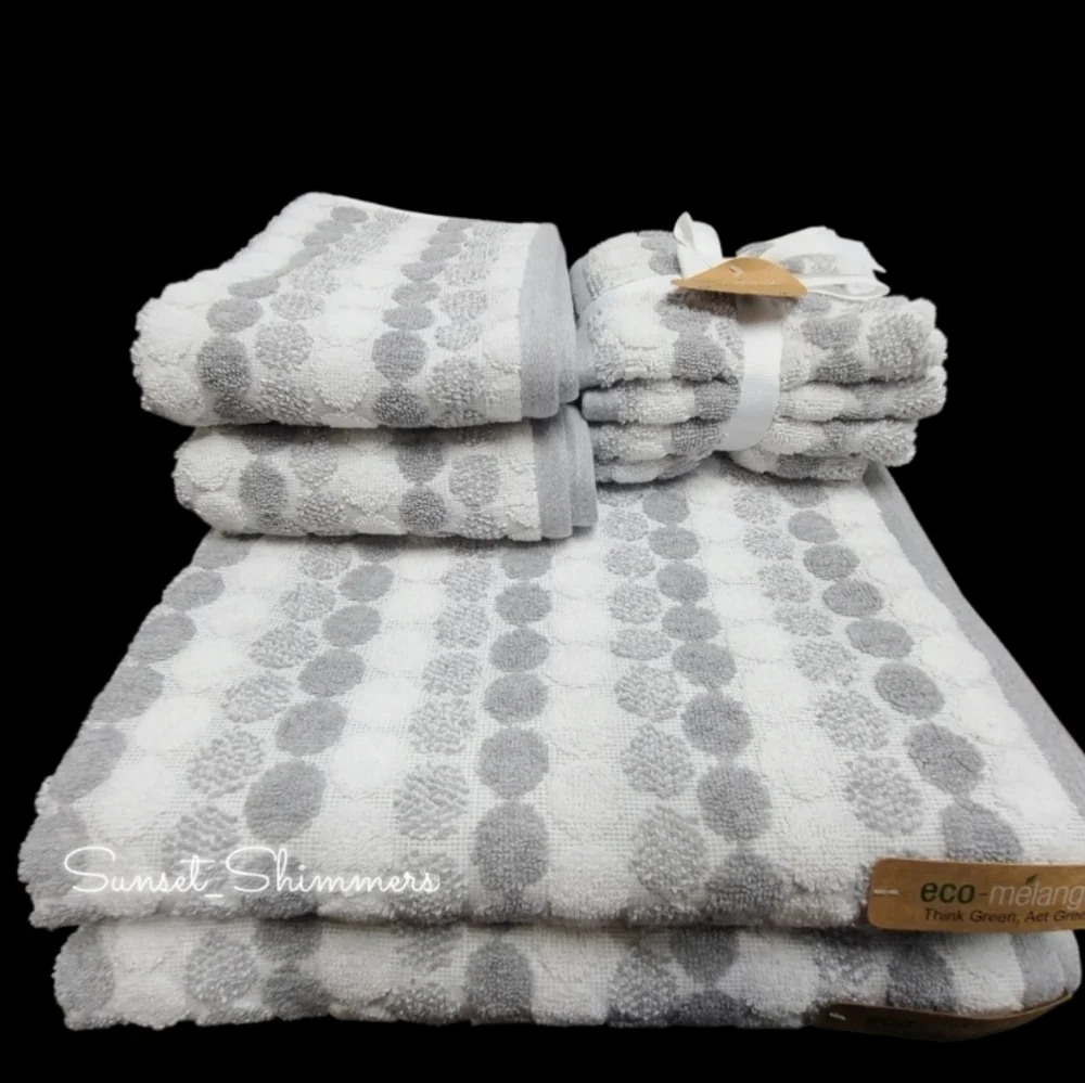 8pc ECO Melange 2 Bath 2 Hand 4 Washcloth Towel Set Gray White Stripe Dot NEW - Picture 8 of 8